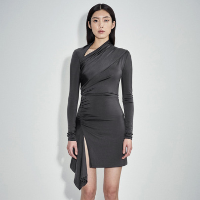 Solid Color Irregular Pleated Long-sleeved High-waist Slit Dress NSMG138778