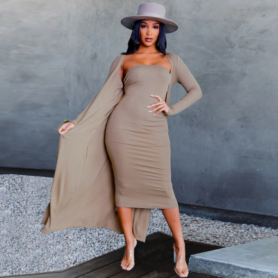 Solid Color Long-sleeved Knitted Cardigan Tube Top Dress Two-piece Lounge Set NSHYG138783