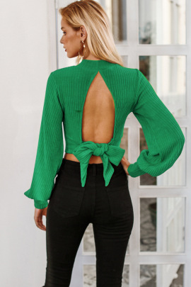 Solid Color Turtleneck Hollow Lantern Sleeve Pullover Crop Knitted Top NSMDF138789