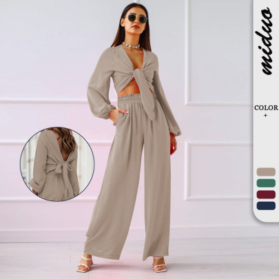 Solid Color Lantern Sleeve Reversible Top High-waist Wide-leg Pants Two-piece Lounge Set NSMDF138801