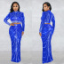 solid color mesh rhinestone see-through long-sleeved long skirt two-piece set NSXYZ138808