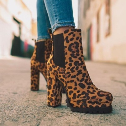 Round Toe Solid Color/leopard Print Thick Heel Waterproof Boots NSYBJ138820