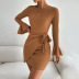 solid color round neck waffle long-sleeved sheath dress NSYSQ138829