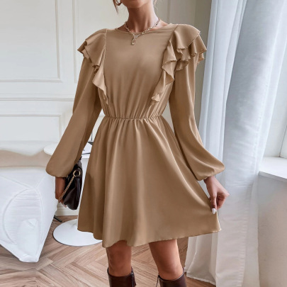 Solid Color Ruffled Round Neck Long-sleeved A-line Dress NSYSQ138830