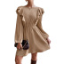 solid color ruffled round neck long-sleeved A-line dress NSYSQ138830