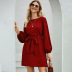 solid color long sleeve loose belt A-line dress NSYSQ138833