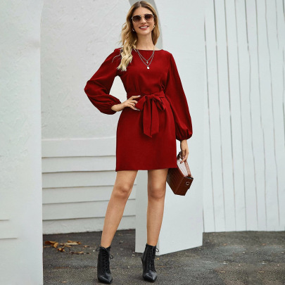 Solid Color Long Sleeve Loose Belt A-line Dress NSYSQ138833