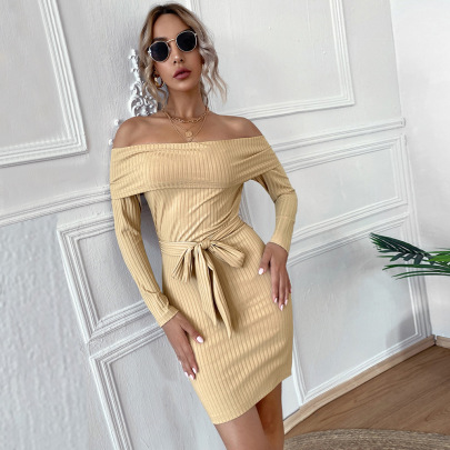 Solid Color One-word Neck Long-sleeved Knitted Sheath Dress NSYSQ138837
