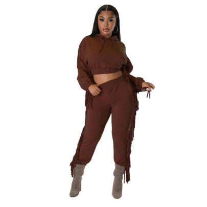 Solid Color Crop Hoodie Fringed Edge Leggings Two-piece Set NSXLY138838