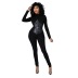 solid color tight-fitting PU leather stitching long-sleeved top and trousers two-piece suit NSXLY138844