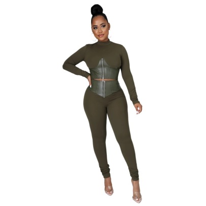 Solid Color Tight-fitting PU Leather Stitching Long-sleeved Top And Trousers Two-piece Suit NSXLY138844