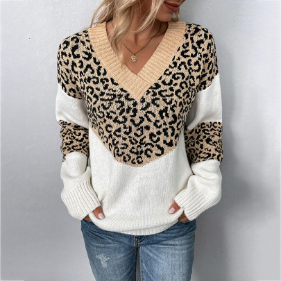V-neck Pullover Hit Color Leopard Print Sweater NSMMY138861