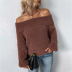 solid color pullover lantern sleeve off shoulder sweater NSMMY138863