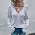 solid color V-neck tie flared sleeve sweater NSMMY138865
