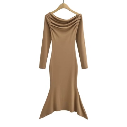 Solid Color Pleated Slanted Shoulder One Word Neck Slim Long-sleeved Fishtail Dress NSZQW138870