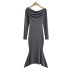 solid color pleated slanted shoulder one word neck slim long-sleeved fishtail dress NSZQW138870
