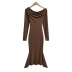 solid color pleated slanted shoulder one word neck slim long-sleeved fishtail dress NSZQW138870