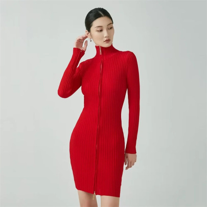 Solid Color High Neck Double Zipper Long Sleeve Knitted Sheath Dress NSAM138886