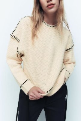 Contrast Color Thread Decorative Long Sleeve Sweater NSAM138889