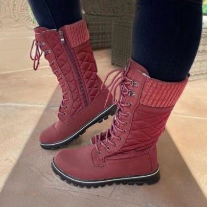 Solid Color Mid-tube Flat Heel Front Lace Round Toe Snow Boots NSYBJ138921