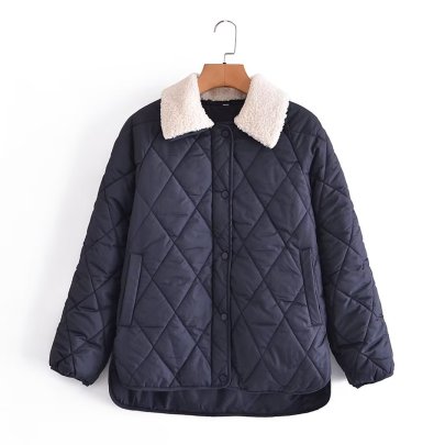 Solid Color Rhombus Quilted Lapel Padded Jacket NSAM138929