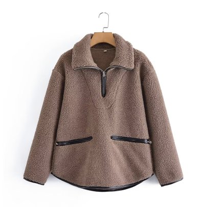 Solid Color Zipper Pullover Loose Lamb Wool Sweatshirt NSAM138931