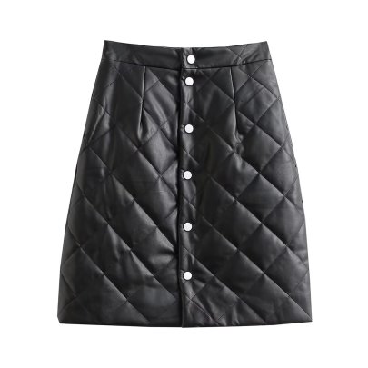 Solid Color PU Leather Quilted A-line Skirt NSAM138945