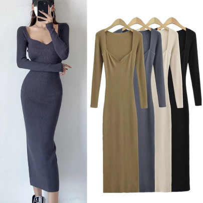 Solid Color Square Collar Long-sleeved Slim Long Bottoming Knitted Dress NSZQW138947