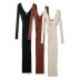 solid color camisole deep V-neck long-sleeved mid-length slim knitted dress two-piece set NSZQW138949