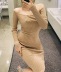 solid color two-wear long-sleeved twist-knot hollowed-out slim-fit knitted sheath dress NSZQW138951