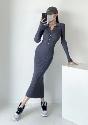 Solid Color Pullover Lapel Long-sleeved Elastic Dress NSZQW138952
