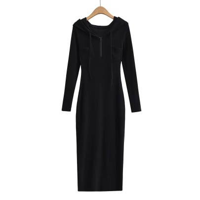 Solid Color Hooded Drawstring Fleece Zipper High Waist Slit Dress NSZQW138953