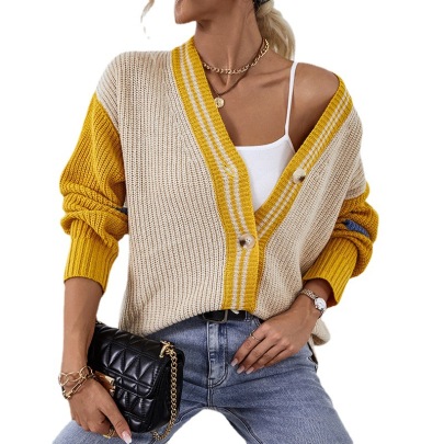 Color Contrast Striped Single-breasted Sweater NSMMY138962