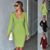 solid color waist knitted U-neck backless long-sleeved sheath dress NSYSQ138963