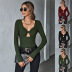 solid color hollow slim knitted long-sleeved v-neck top NSYSQ138964