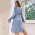 solid color Ruffle High Neck Elastic Waist Puff Sleeve Mid Length Dress NSYSQ138968