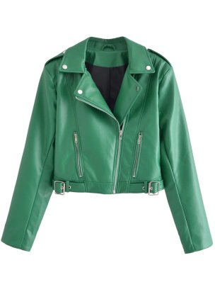 Solid Color Lapel Long Sleeve Pu Leather Jacket NSAM138976