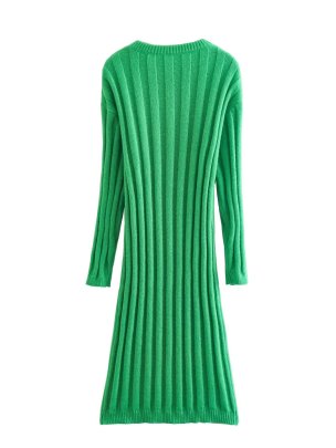 Solid Color Threaded Long-sleeved Knitted Mid-length A-line Dress NSAM138978