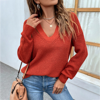 Solid Color V-neck Pullover Long Sleeve Sweater NSMMY138981