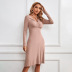 solid color waist v-neck straps knitted long-sleeved A-line mid-length dress NSYSQ139016