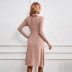 solid color waist v-neck straps knitted long-sleeved A-line mid-length dress NSYSQ139016