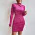 half-high-neck hollowed-out slim long-sleeved velvet sheath dress NSYSQ139018