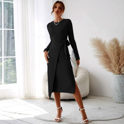 Solid Color Strapping Slim Slit Long-sleeved Sheath Dress NSYSQ139019