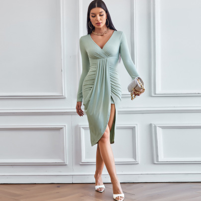 Solid Color Long Sleeve V-Neck Knitted Sheath Dress NSYSQ139021