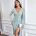 solid color Long Sleeve V-Neck Knitted sheath dress NSYSQ139021