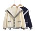 navy collar contrast color knitted cardigan NSAM139034