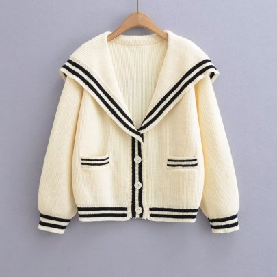 Navy Collar Contrast Color Knitted Cardigan NSAM139034