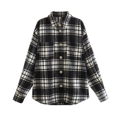 Gem Buckle Black And White Checked Long Sleeve Shirt Jacket NSAM139043