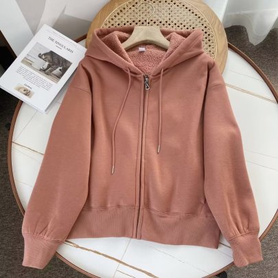 Solid Color Hooded Loose Thickened Lamb Wool Full Zipper Jacket NSAM139054
