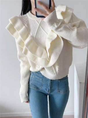 Solid Color Long Sleeve Stitching Ruffle Trim Sweater NSAM139060
